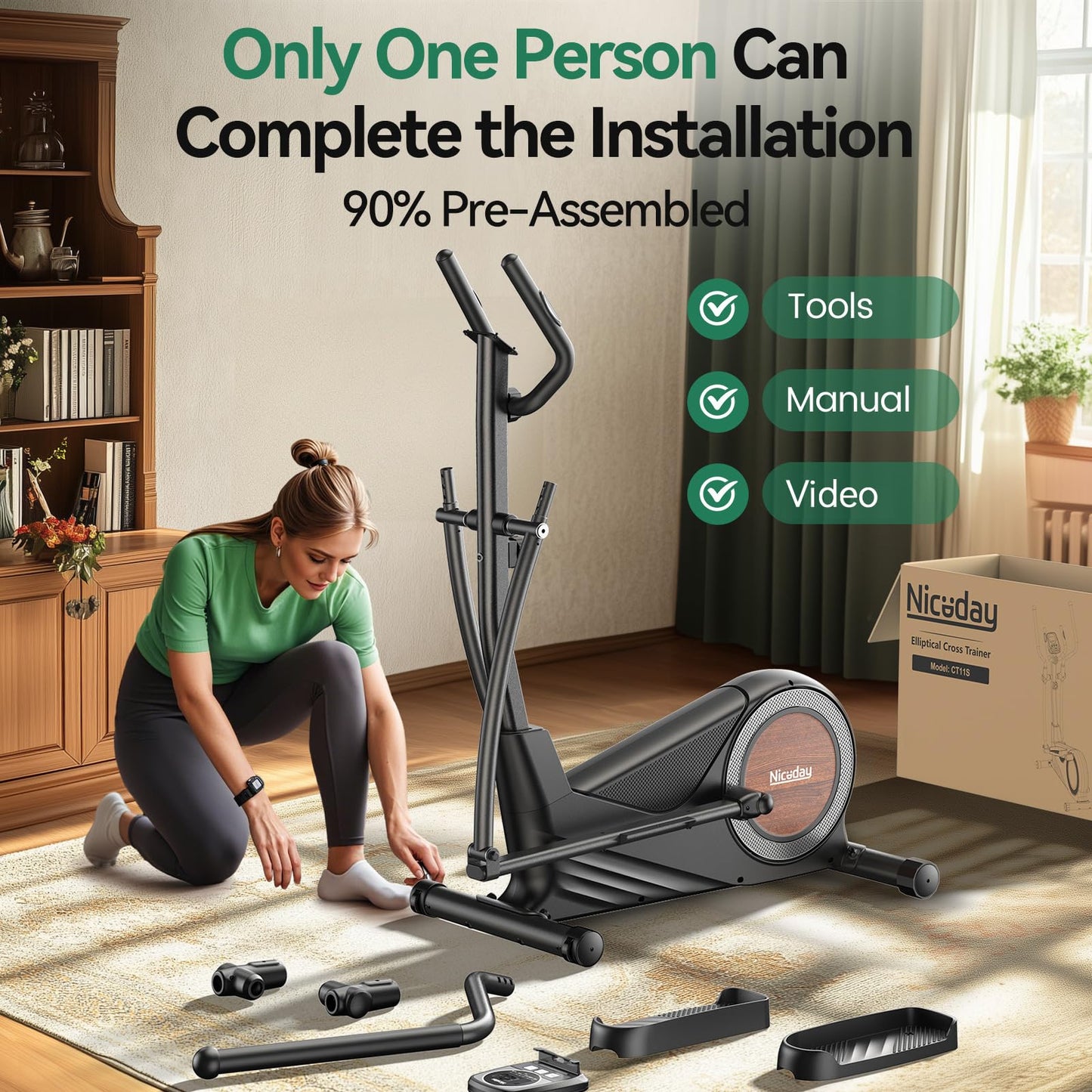 Niceday Elliptical Exercise Machine, Elliptical Machine for Home, Elliptical Training Machine with 15.5IN Stride, Magnetic Elliptical Trainer with16 Resistance Levels, 400LBS Loading Capacity Black