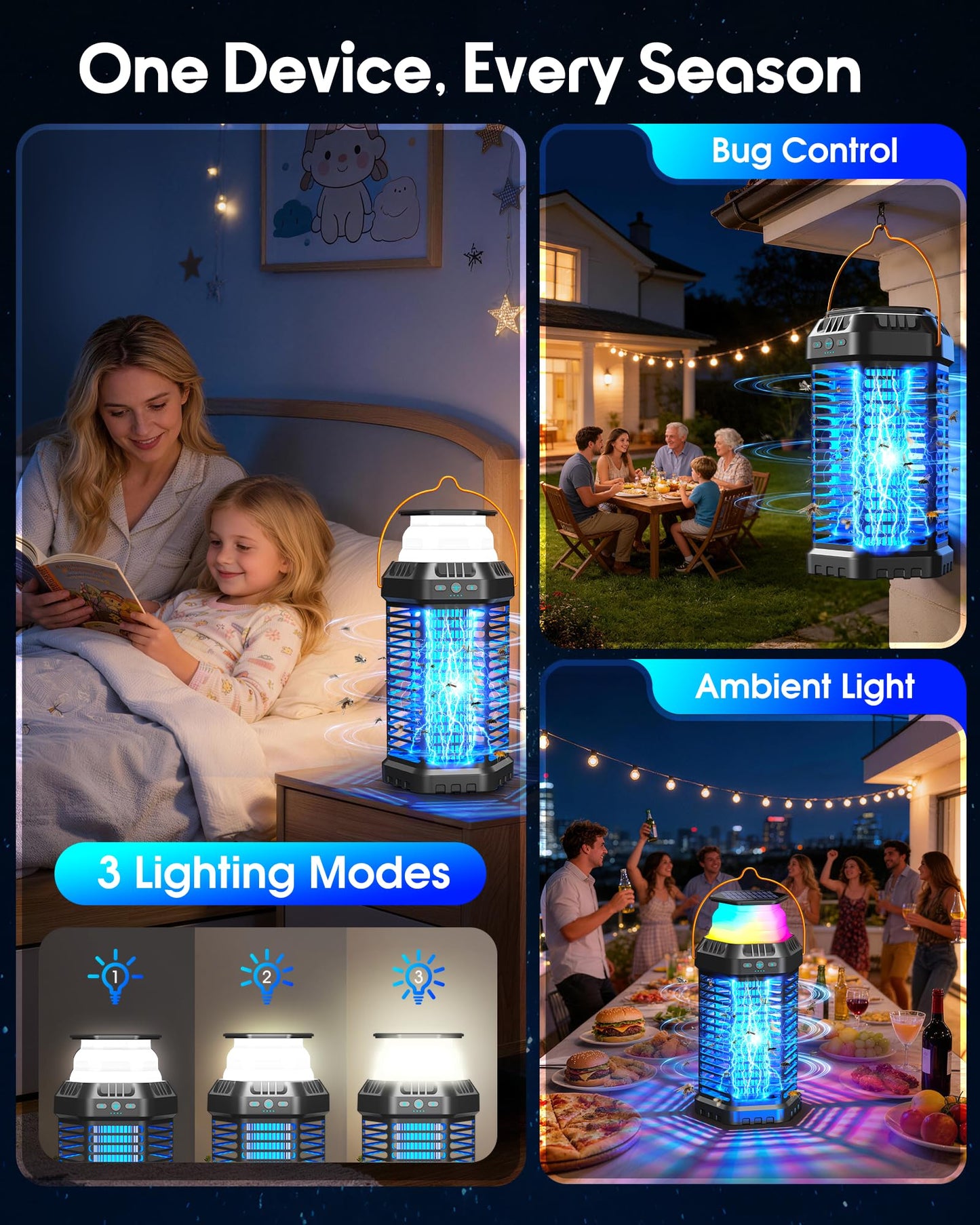 GTERT Solar Bug Zapper Outdoor – Ultra-Strong Fly & Mosquito Zapper, Solar-Powered Rechargeable Bug Zapper, Portable Cordless Insect Zapper, Foldable Adjustable Outdoor Light, IP66 Waterproof (Black)