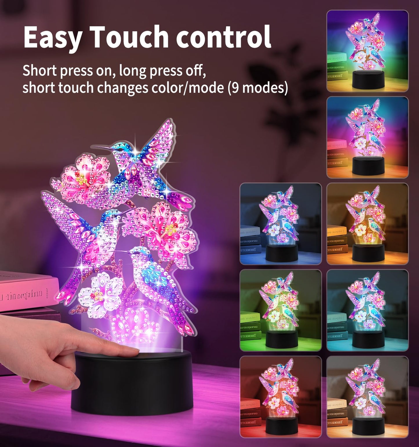 ALKALO Diamond Painting Night Light, Diamond Painting Kits for Adults Desktop Ornaments for Table Diamond Art Accessories for Adult Beginner Touch Lamp for Bedrooms Living Room-Birds