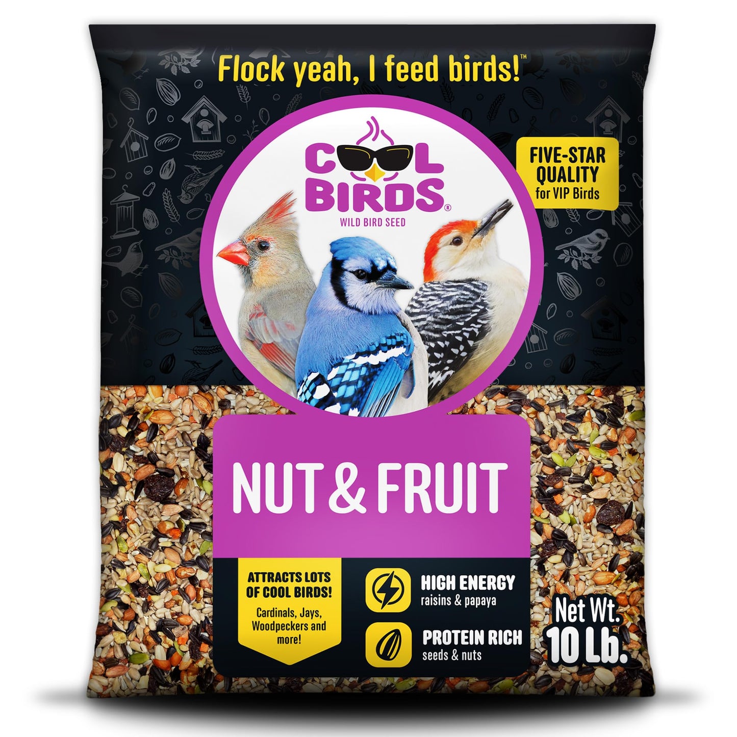 Cool Birds Nut & Fruit Wild Bird Seed â 10 lb. Gourmet Bird Food with Sunflower Hearts, Peanuts, Tree Nuts & Real Fruit â No Corn, Milo or Millet Bird Seed for Outside Feeders