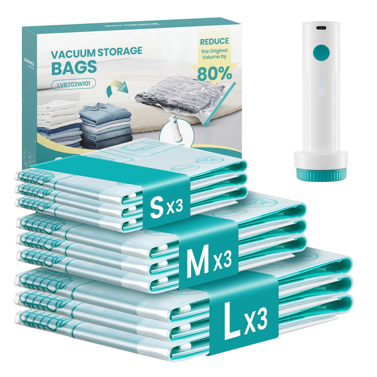 SONGMICS Vacuum Storage Bags, Rechargeable Portable Electric Pump, Space Saver Vacuum Seal Suction Bags for Clothing Travel Bedding, Reusable, 9 Pack, 3S/3M/3L, Transparent ULVB201W101