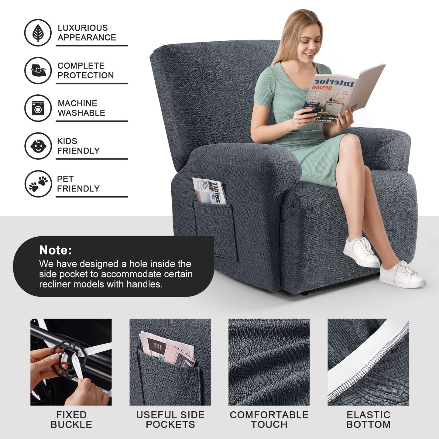 Timeles Recliner Covers Extra Wide Recliner Chair Covers Reclining Couch Covers Sofa Slipcovers Stretch Soft Washable (Single-Seater Oversized, Grey)