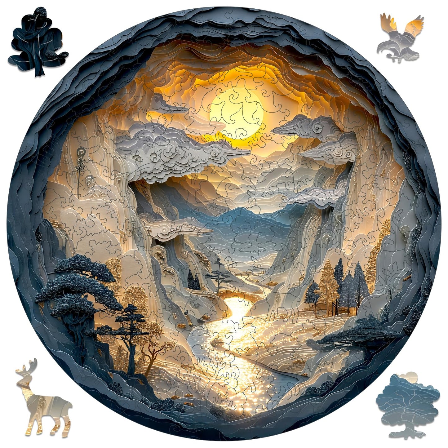 Qiuenisray 3D Vision Effect Sunset Wooden Puzzle 200 Piece, Mountains Rivers Bright Jigsaw Puzzle, FSC Certified Wood Puzzle, Beautiful Wall Decor, Creative Gift Family Game 11.2x11.2 in