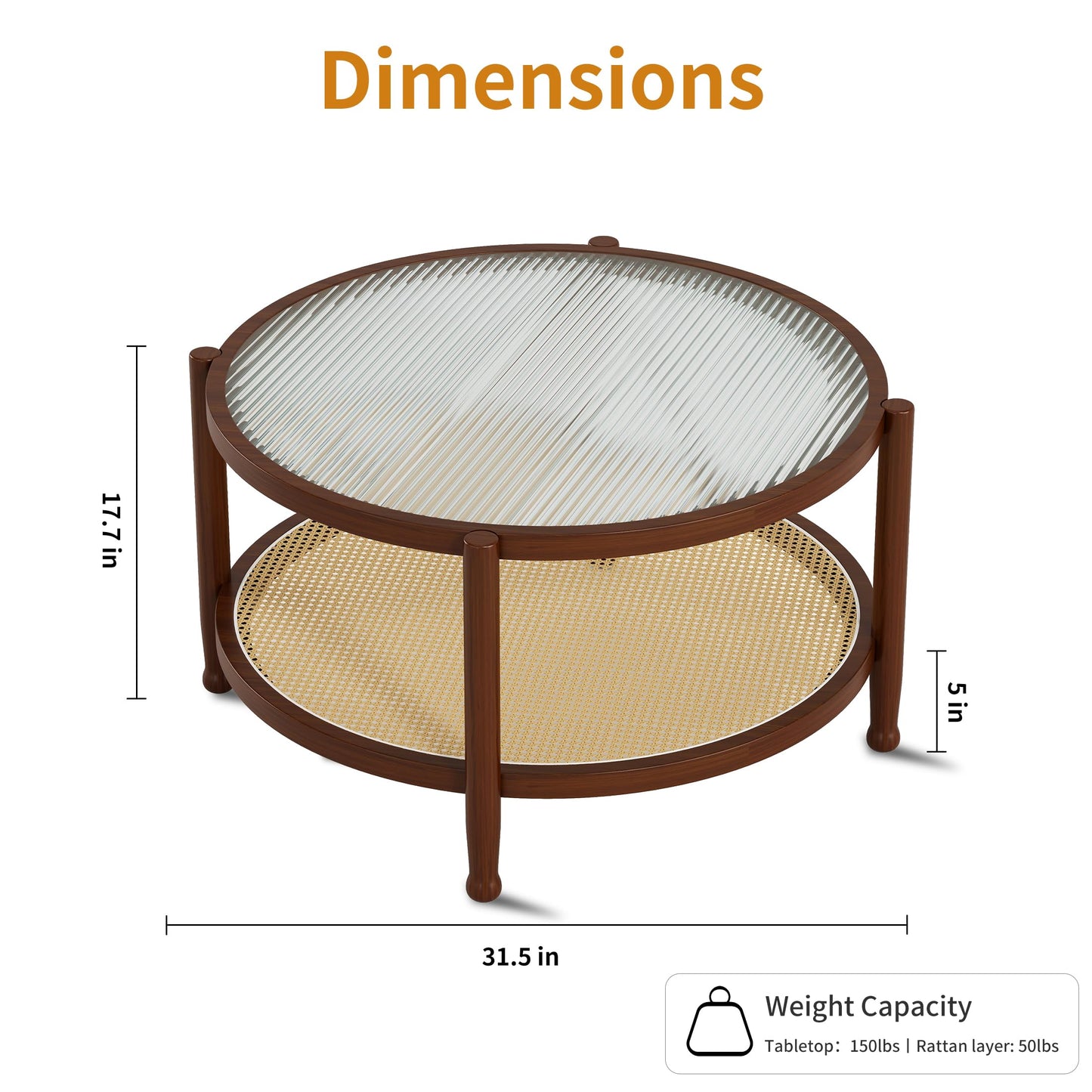 Saylike Rattan Round Coffee Table for Living Room, 32" Boho Circle Table with Tempered Glass Desktop Rustic Solid Wood Farmhouse Accent Center Storage Table (Walnut, 31.5" D x 31.5" W x 17" H)
