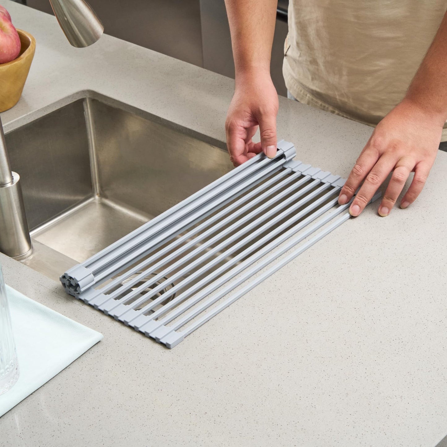 Restaurantware 16.93 x 12.99 Inches Stainless Steel Drying Rack - 12 Count - Clean Tek Professional Dish Drainer, Roll-Up, Non-Slip - Space-Saving Over-The-Sink Rack - Silicone Coated Gray