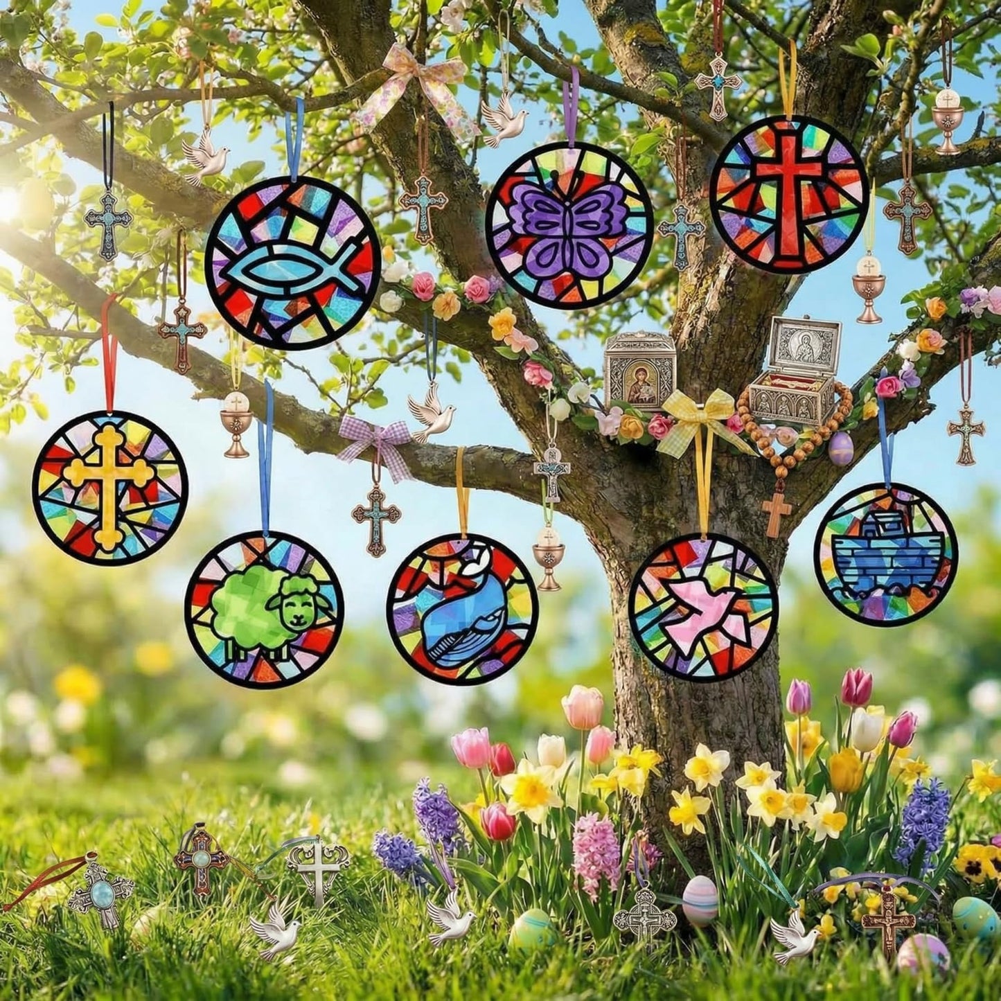 Eersida 32 Pcs Christian Suncatcher Craft Kit,Religious Stained Glass Tissue Paper VBS Sunday School Bible Crafts Bible Story Christian Window Decor for Classroom Church Group School Faith Decor