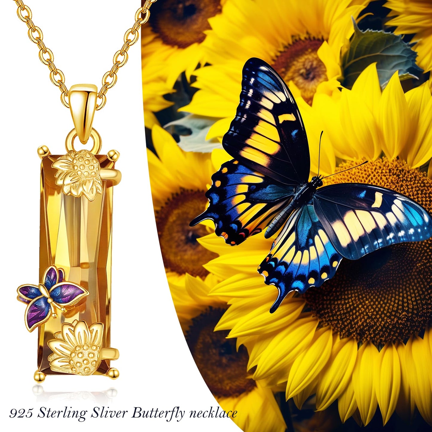 AENEAS Valentines Day Gifts for Women Her Sunflower Necklace for Women Sterling Silver Butterfly Pendant Necklace Citrine Sunflower Necklace Crystal Jewelry Sunshine Gifts for Her Wife