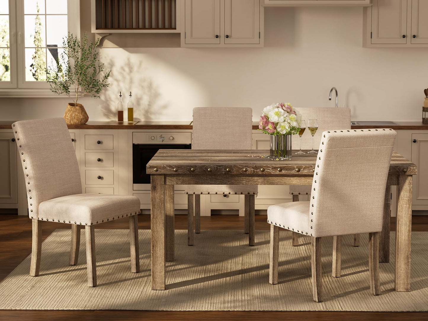 Morden Fort Farmhouse Dining Set for 4, 60" Rectangular Wooden Table & 4 Upholstered Chairs with Nailhead Accents, 5-Piece Kitchen Table Set for Dining Room, Breakfast Nook, Antique Rustic