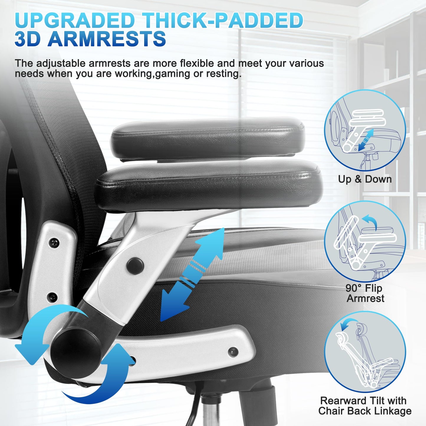 Super Big and Tall Office Chair 700lbs- Heavy Duty Executive Computer Chair with Rubber Wheels 3D Flip Arms, Ergonomic Mesh High Back Desk Chair, Extra Wide Seat Adjustable Lumbar Support&Headrest