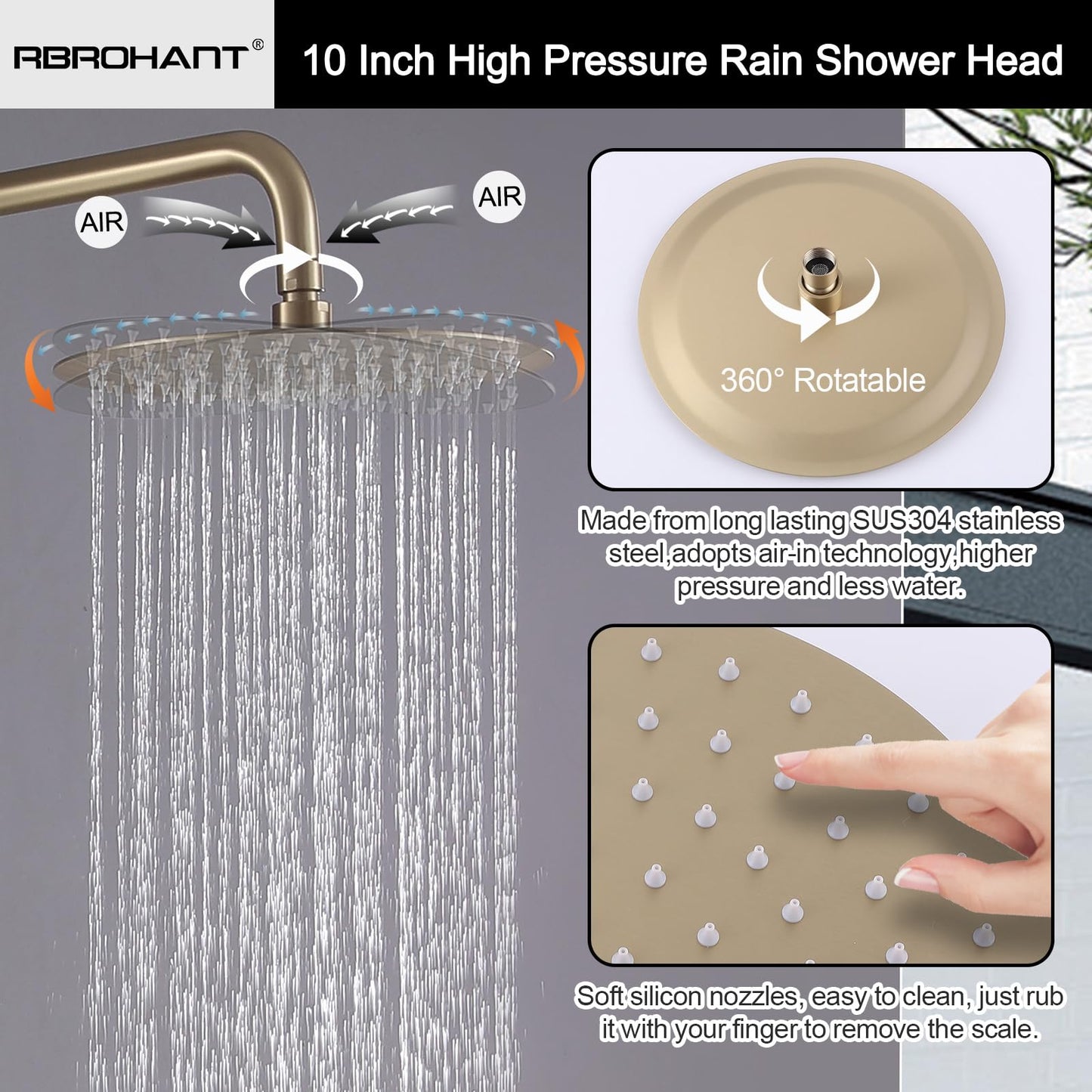 RBROHANT Outdoor Shower, Wall Mount Outdoor Shower Kit, Outside Shower Faucet with Height Adjustable Rain Shower Head and Handheld, Exposed Shower for Backyard, Wall Mounted, Brushed Gold, JK0147