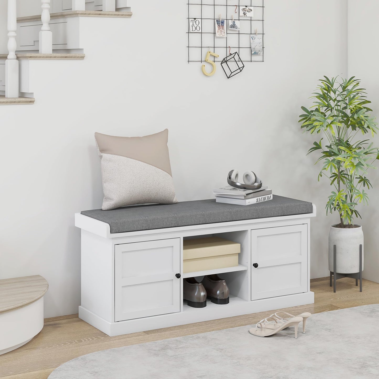 HOMCOM Shoe Bench with Cushion, Storage Bench for Entryway with Padded Seat, 2 Cabinets and Adjustable Shelf for Hallway, Living Room, Bedroom, White