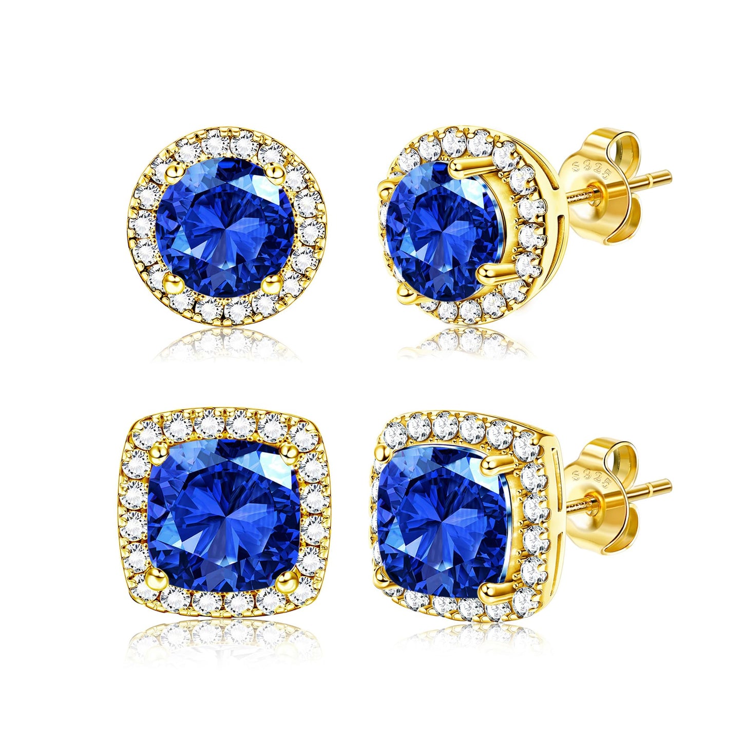 Hayoso Cubic Zirconia Stud Earrings for Women Men Sterling Silver Earring Post Hypoallergenic 14k Gold Plated Round&Square Earrings Gold&Blue