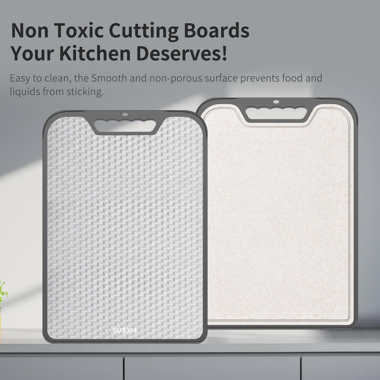 2-in-1 Double Sided Cutting Board, SUS304 Stainless Steel & Wheat Straw Cutting Board, Non-Slip Kitchen Chopping Board for Meat, Vegetables, Fruits, Dishwasher Safe（16inchX11inch）