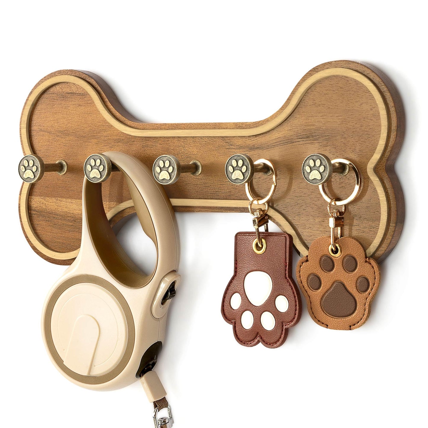 MTERSN Farmhouse Dog Leash Holder for Wall – Dog Stuff Organizer and Dogs Bone Key Holder Wall Mount with 3D Puppy Paw Hooks - Cute Stuff for Pet Lover Gifts (Acacia Wood)
