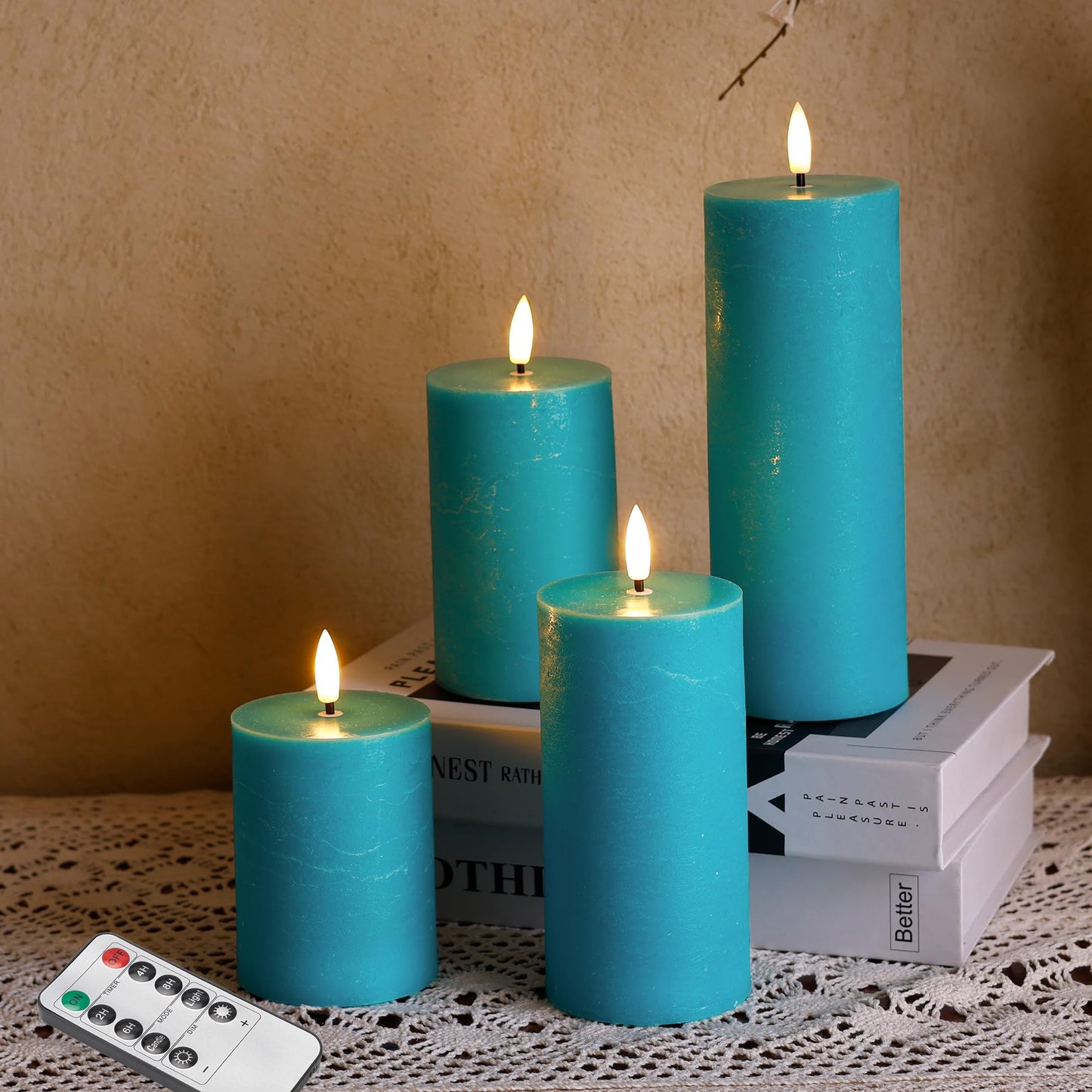 AFINETH Teal Flameless Pillar Candles, Battery Operated Candles with Remote, Real Wax Flickering LED Candles for Home Party Wedding Holiday Decor, Set of 4, Φ 3" H 4"" 5"" 6"" 8"""