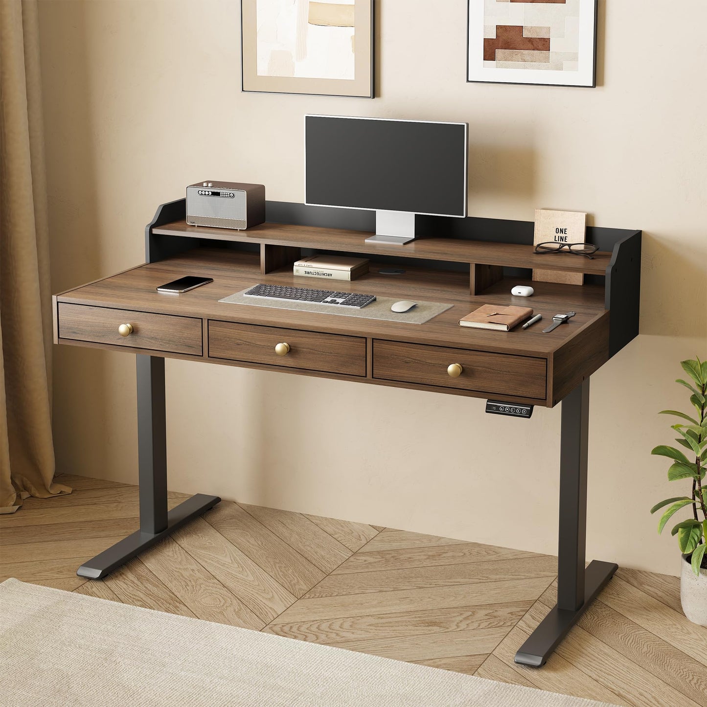 ModernMate Standing Desk with 3 Drawers, 47.2 x 26 Inches Height Adjustable Desk with Monitor Shelf, Electric Stand Up Table with Storage for Home and Office, Black Walnut