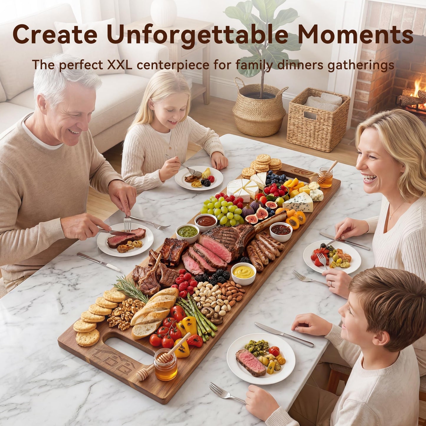 LDQ Extra Large 36 x 11 Inch Acacia Wood Cutting Board, 3-in-1 Cutting, Serving & Display Board, XXL Long Charcuterie Boards with 2 Wooden Stands, for Kitchen Prep & Party Table Centerpiece