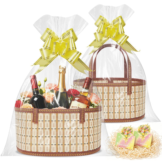 2 Set Baskets for Gifts Empty, Woven Bamboo Gift Basket Kit with Handles, Foldable Empty Gift Baskets to Fill with Wrap Bags, Pull Bows, Cards & Raffia for Baby Baptisms, Father's Day, Housewarming