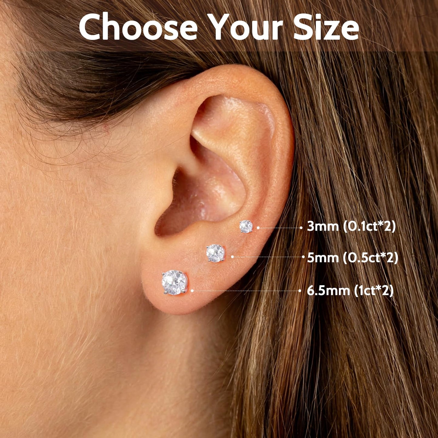 Lab Grown Diamond Stud Earrings for Women, 1/5-1-2 Carat Diamonds Earring 4-Prong D Color VVS1 Clarity, Hypoallergenic Sterling Silver Earring Diamond Jewelry for Women, Gift Box Included(3mm, Sterling Silver)