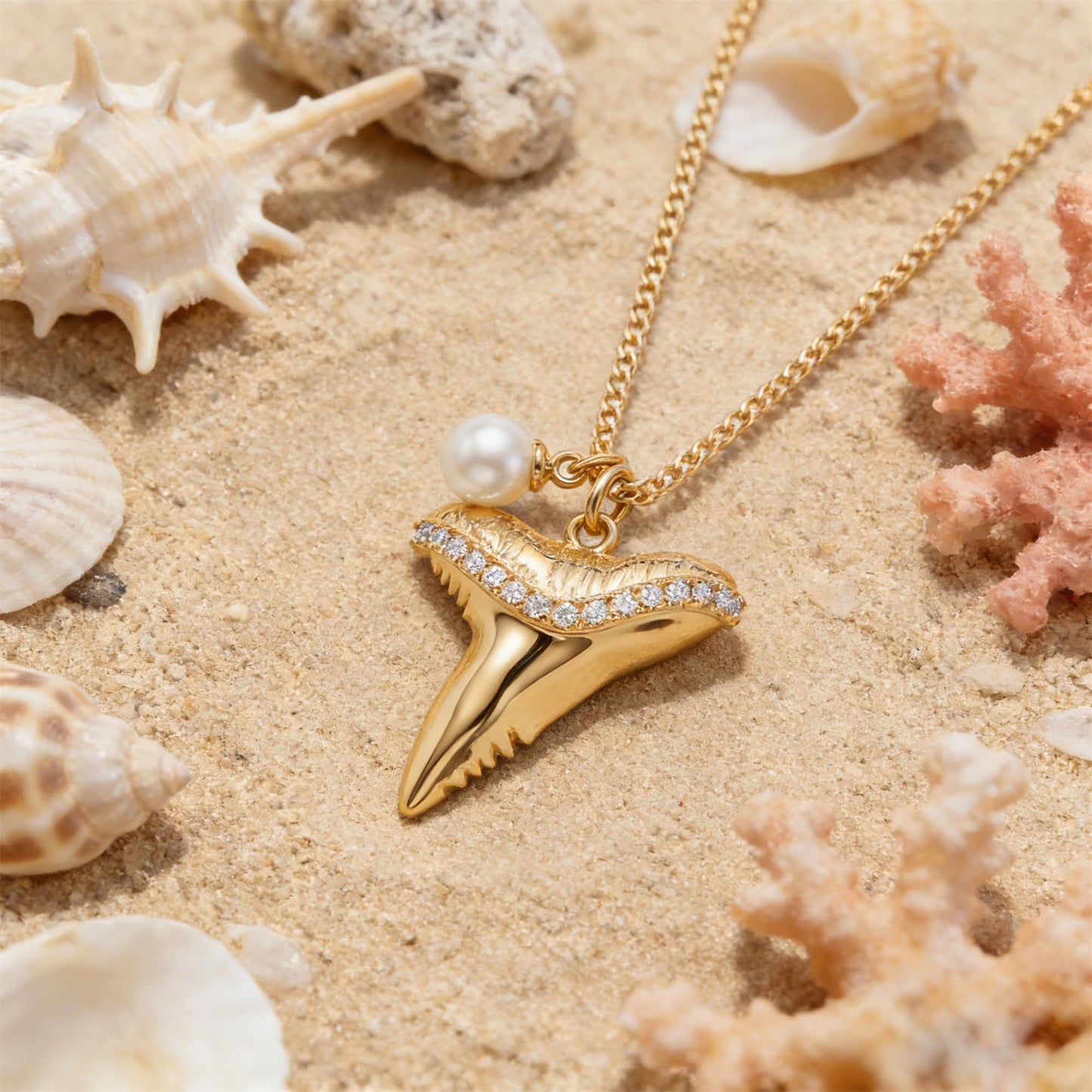 MEVECCO Dainty Gold Shark Teeth Pendent Necklace for Women 18K Gold Plated Cubic Zircon Chain Necklace Boho Handmade Ocean jewelry