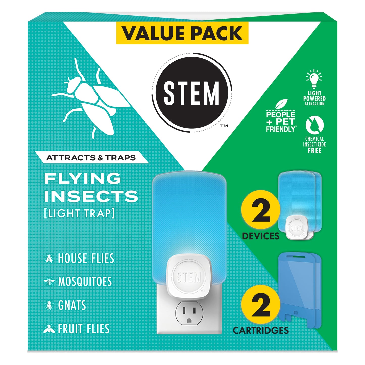 STEM Flying Insect Trap - Indoor Fruit Fly & Gnat Catcher for Home, Kitchen & Any Room, Attracts & Traps Bugs, Soft Blue UV Light - Includes 2 Plug-In Devices & 2 Cartridges