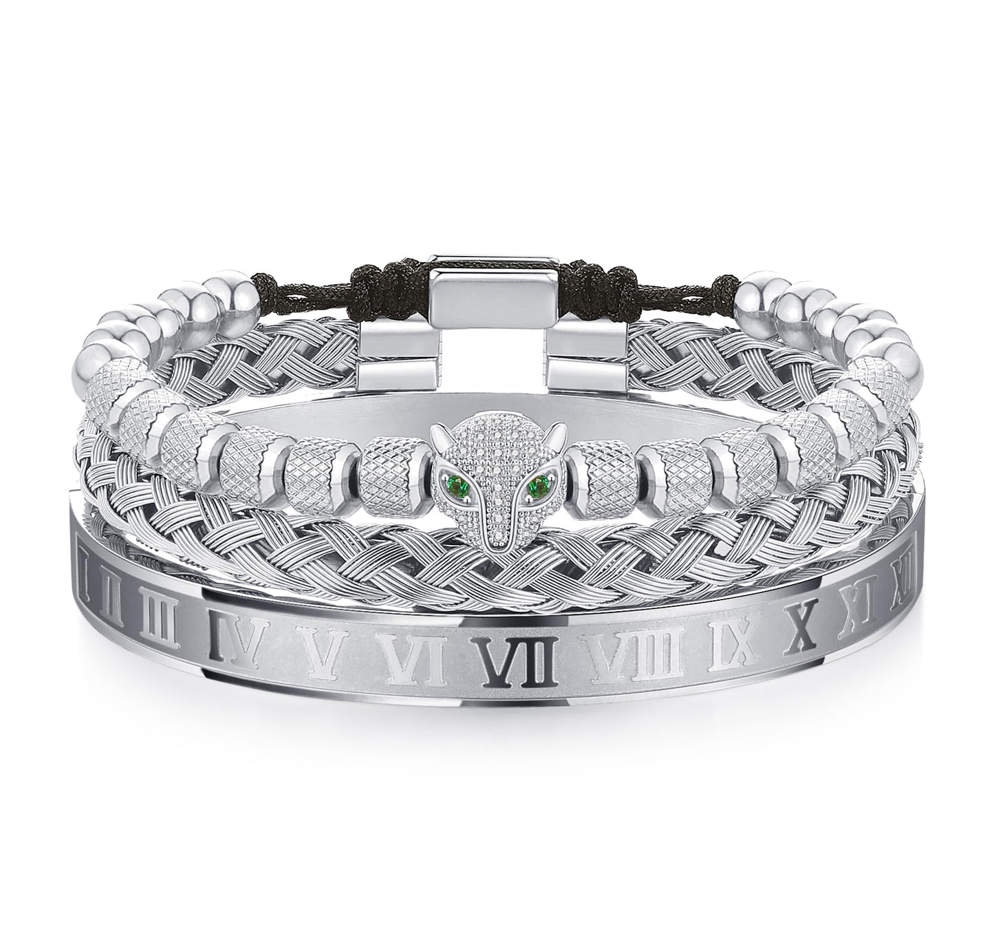 WFYOU 3PCS Stainless Steel Bracelets for Men Gold Roman Numeral Bangle Bracelet Twisted Cable Bracelet Adjustable Cuff Bracelet Mens Luxury Jewelry Bracelets Gifts(O:Silver-CZ Leopard Head)
