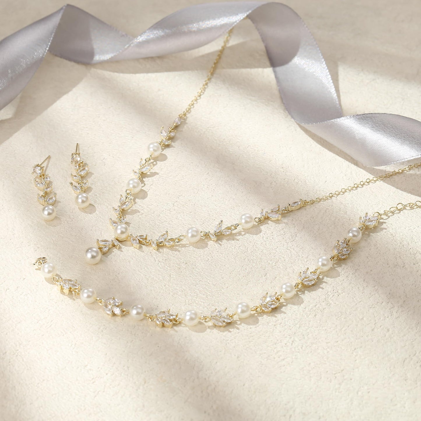 EVER FAITH Bridal Jewelry Set for Bride Bridesmaid, White Marquise Cubic Zirconia Gold-Plated-Brass Faux Pearl Leaf Vine Party Prom Necklace Dangle Earrings Bracelet for Women
