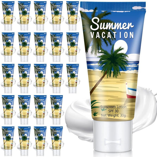 Dansib 24 Pcs Mini Sunscreen Bulk for Summer Party Wedding SPF 30 Water Resistant Sunscreen Lotion Bulk 1oz Travel Size for Thank You Gifts Wedding Supplies (Vacation)
