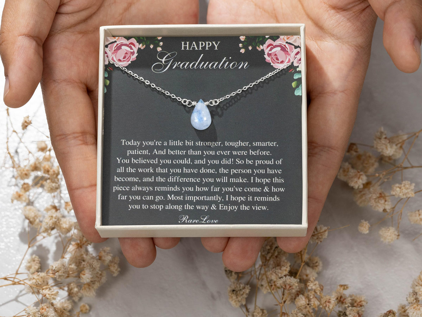 RareLove 2026 Graduation Gifts for Her Happy Graduation Moonstone Necklace Unique Graduation Jewelry 925 Sterling Silver Teardrop Pendant Necklace for Women College Graduation Gifts