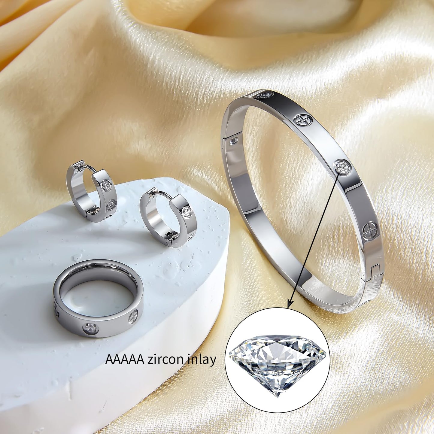 3 Pcs Hoop Earrings Bracelets Ring Sets for Women-Silver Love Bracelet CZ Cuff Bangle Hoop Earrings Friendship Love Ring Jewelry Set,Wedding Party Christmas Valentine's Day Birthday Gifts for Her