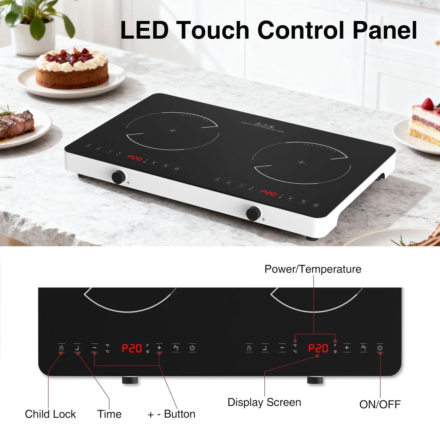 Double Induction Cooktop, 2 Burner Induction Burner 20 Temperature & Power Levels Portable Electric Stove Countertop Burners, Knob Control, Child Safety Lock & 4H Timer, Auto Shut-Off