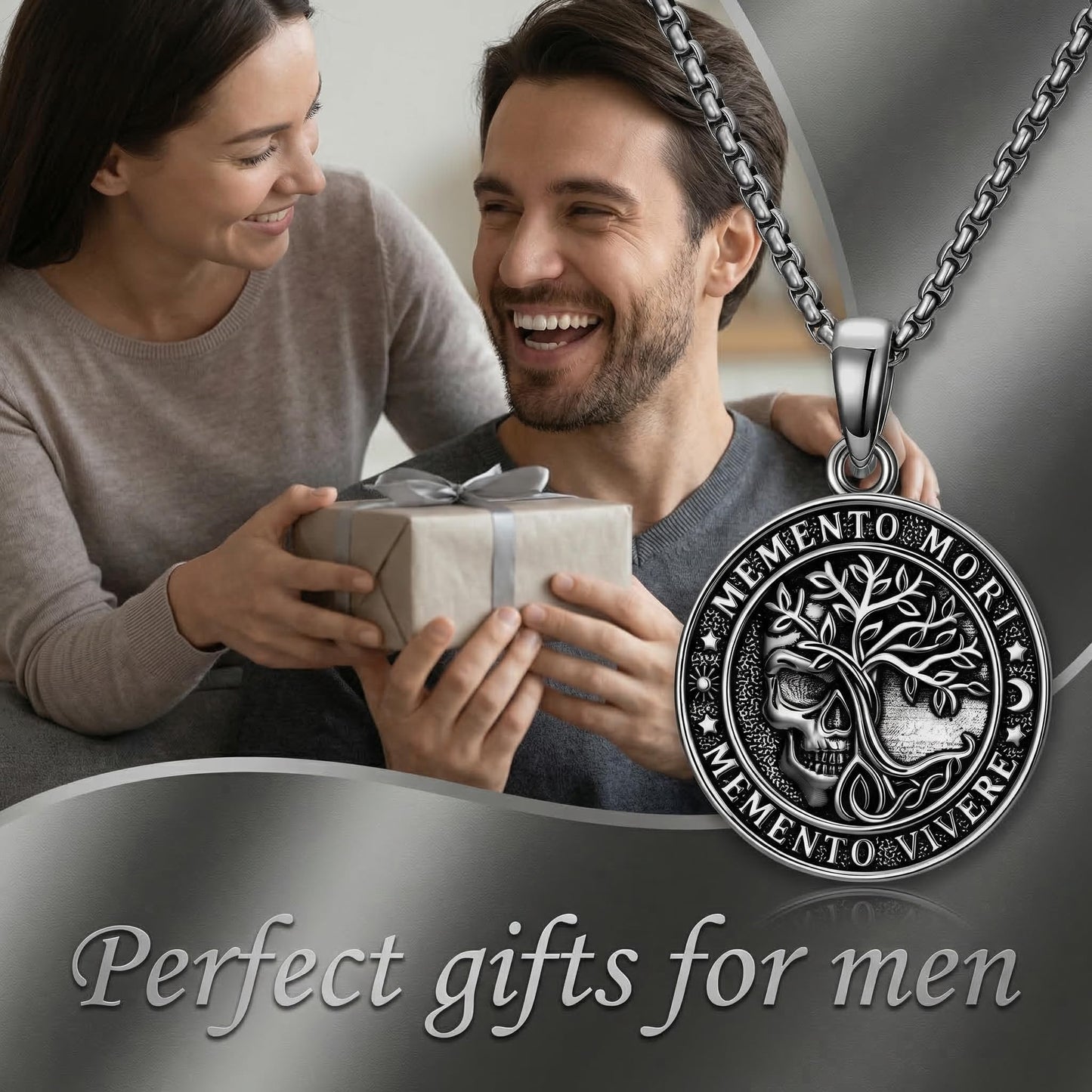 POIUY Memento Mori Black Skull Necklace for Men and Women Gothic Tree of Life Hourglass Pendant Gothic Amulet Jewelry Protection Necklace Gift for Him Her Husband Wife