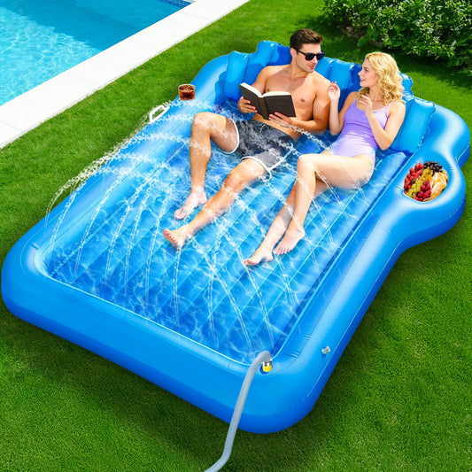 83"x63" Extra Large Inflatable Tanning Lounger Float with Sprinkler,2-Person Pool Float Adults with Backrest,Cup & Food Holder Blow Up Tanning Bed for Summer Beach Pool Party(Extra Large-Blue)
