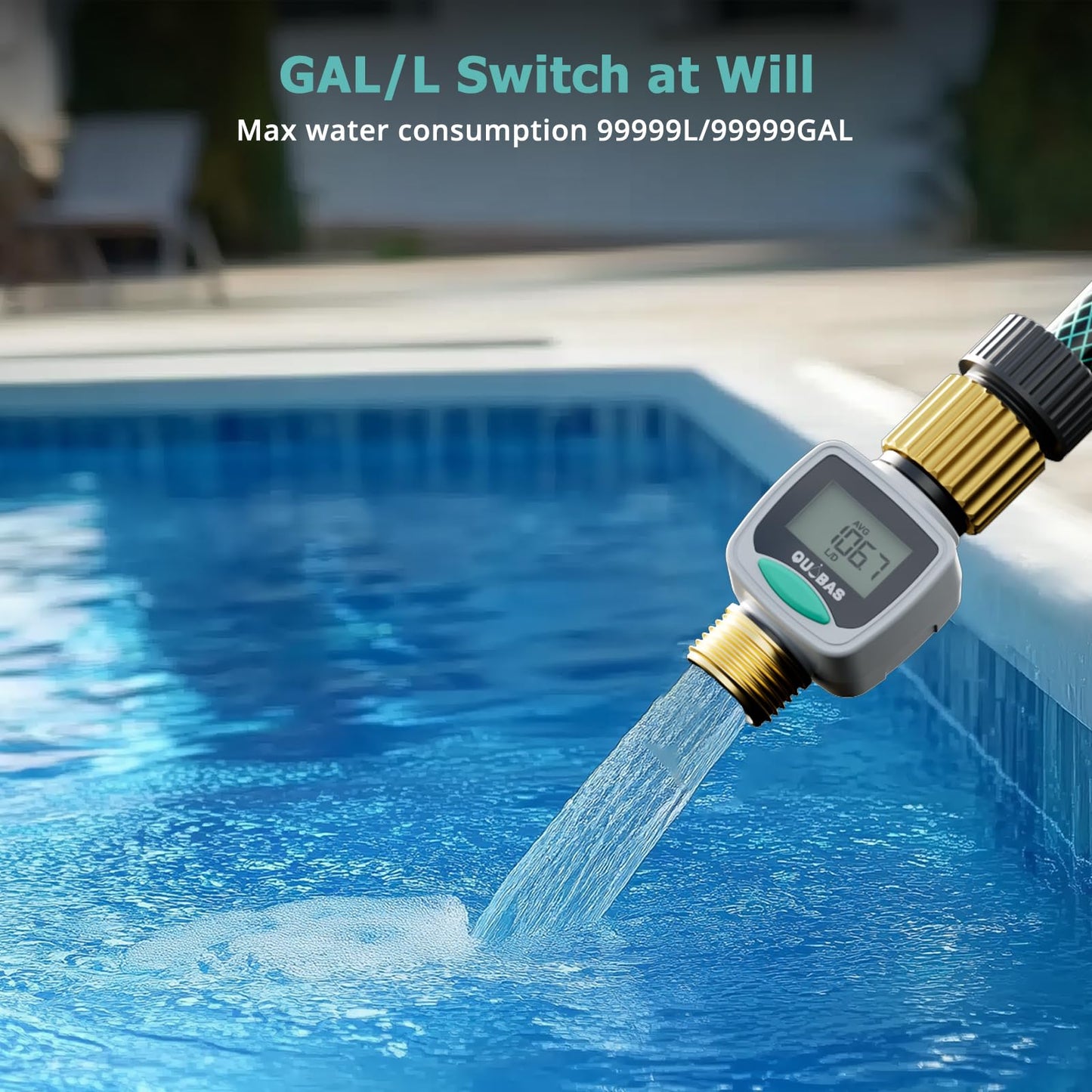 QUOBAS 2 Pack Water Flow Meter with Brass Fittings, Easy-Install Garden Hose Flow Meter for RV, Outdoor Plants, Lawn & Pool, Waterproof Screen, Tracks Gallon/Liter Usage, 4 Modes