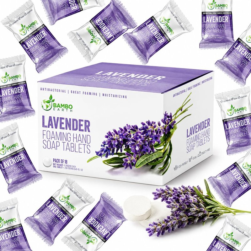 18 Pack Natural Foaming Hand Soap Tablets - Soft Moisturizing Handwash Tab Refills - 1 Tablet = 9 Oz Refillable Liquid Wash Foam Handsoap - Eco-Friendly Paper Softsoap Refill Tabs (Lavender)