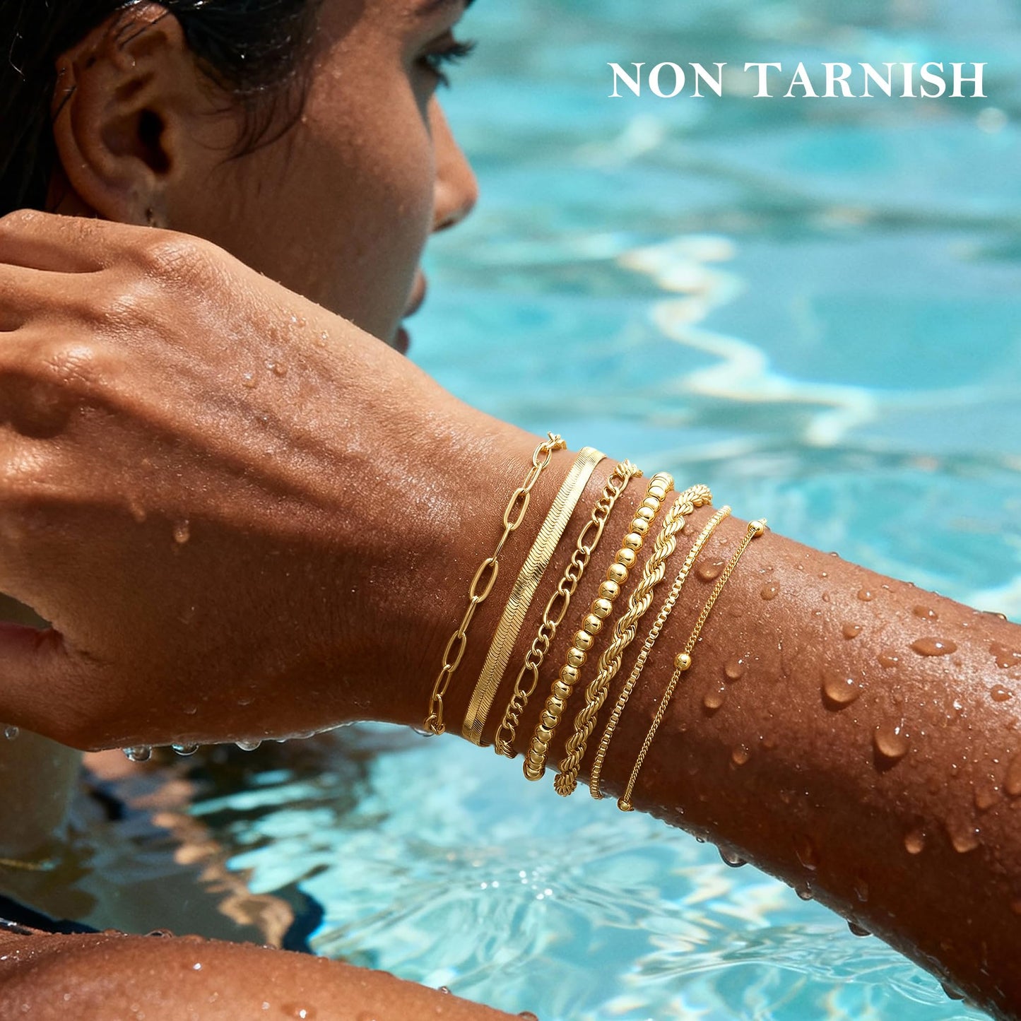 M MOOHAM Gold Bracelets for Women - Dainty 14K Gold Plated Beaded Bracelet Stack Paperclip Snake Rope Figaro Box Satellite Chain Bracelets for Women Non Tarnish, Jewelry Gifts for Women Her