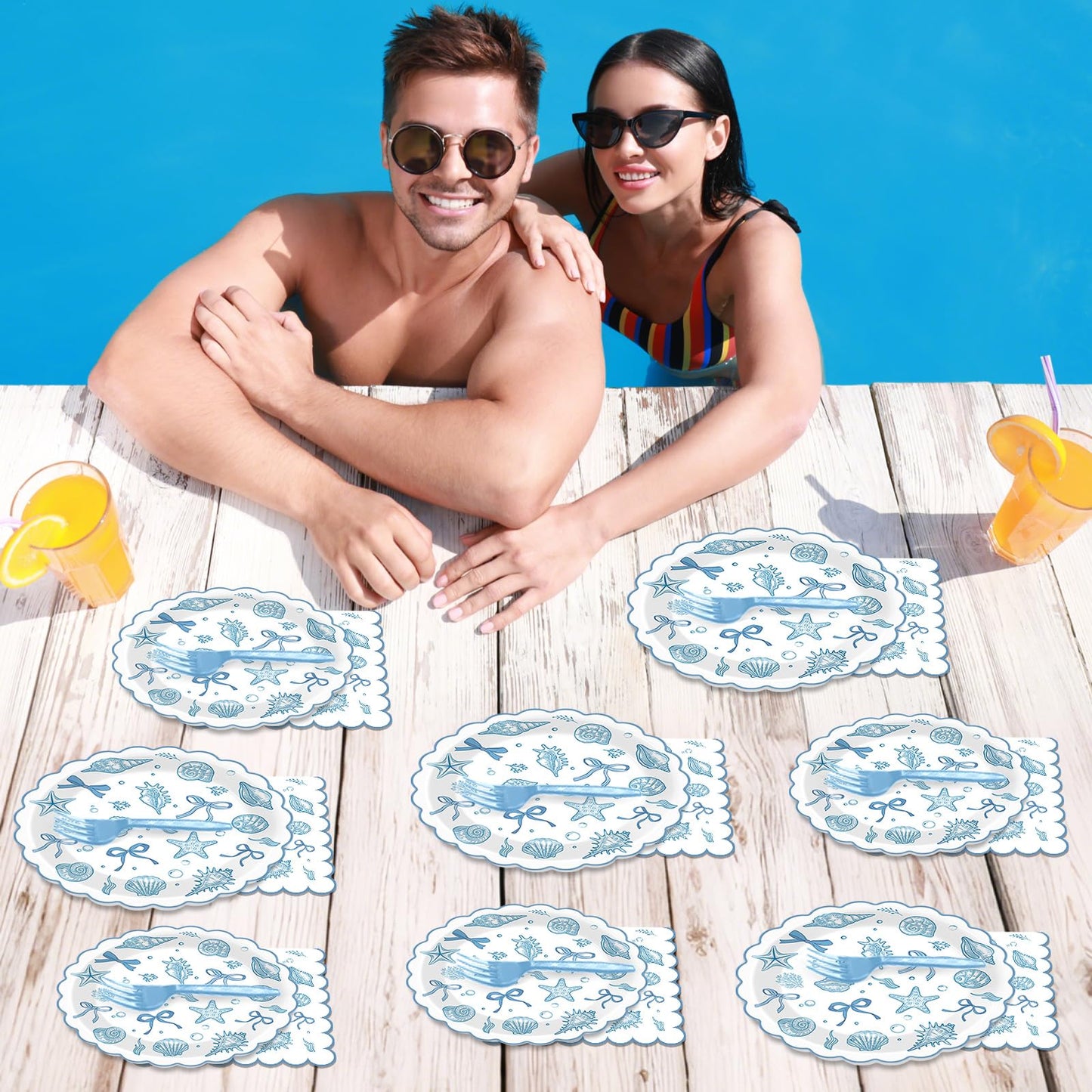 96pcs Scalloped Coastal Party Supplies Tropical Blue Bow Starfish Seashell Plates and Napkins Tableware Set Ocean Theme Party Decorations for Summer Beach Wedding Birthday Bachelorette for 24 Guests