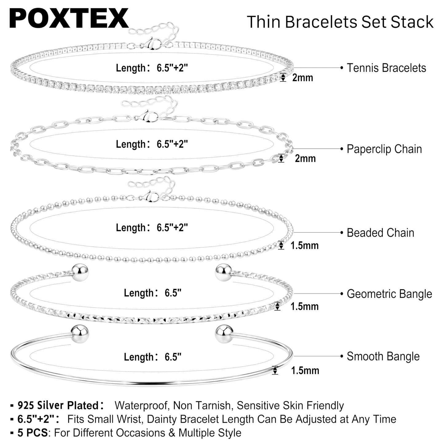 Silver Bracelets for Women 925 Silver Plated 5 Pcs Set - Dainty Stackable Waterproof Stainless Steel Jewelry - Minimalist Paperclip Beaded Tennis Bangle Bracelet Set for Women Gifts