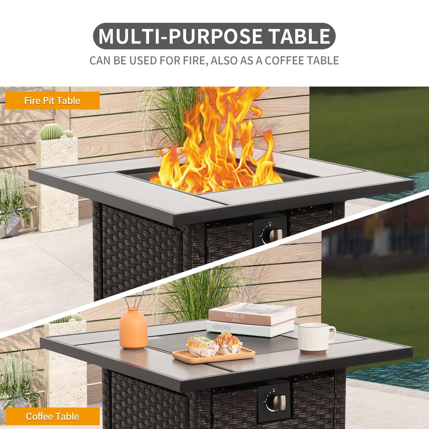 50000 BTU Brown Wicker Gas Fire Pit Outdoor Fire Pit Table 30 Inch Fire Pits for Outside with Woodgrain Marble Tabletop Fire Pit Cover and Blue Crystal Beads