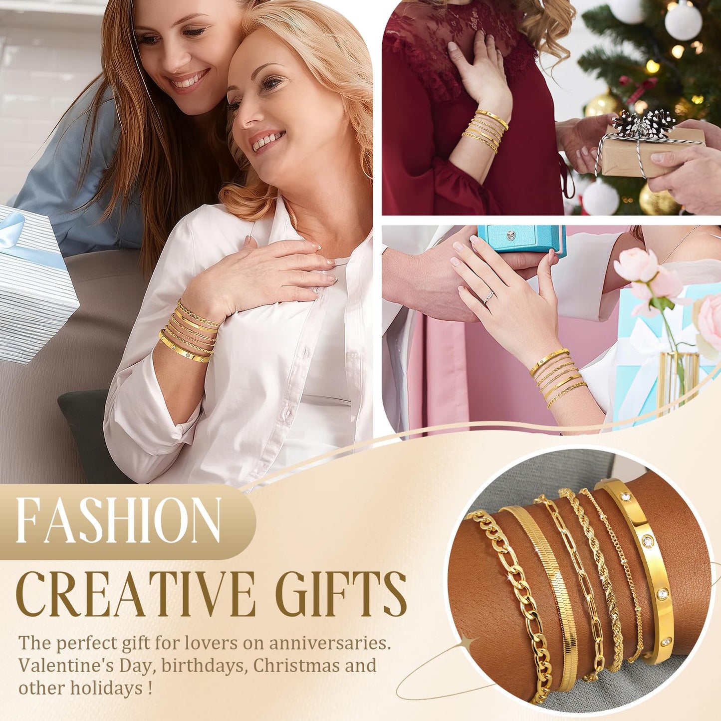 MOINSPIRE Gold Bracelets for Women Non Tarnish, Dainty 18K Gold Plated Bracelets Stack Trendy Waterproof Stackable Bangles, Cuban Link Paperclip Chain Jewelry Set Fashion Accessories Gifts for Women