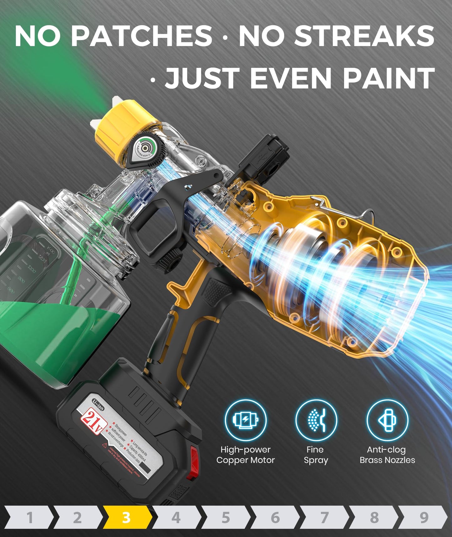 Paint Sprayer, 32000 RPM Cordless Electric Spray Paint Gun with 1400ml Container, Easy to Clean, 2×4000mAh Battery, LED Light, 3 Modes & 6 Nozzles, Paint Sprayer for House Wall Fence DIY Painting