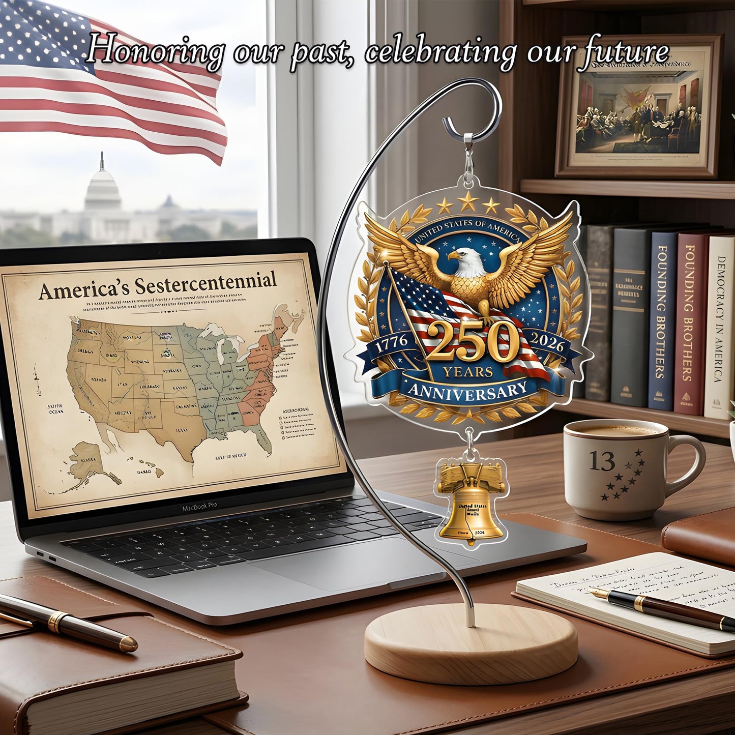 USA 250th Anniversary Tabletop Decor with Wooden Stand, American Patriotic Home Decor, Liberty Bell Ornament, 250 Anniversary USA Merchandise, Independence Day Desk Decoration, Gift for US Citizens