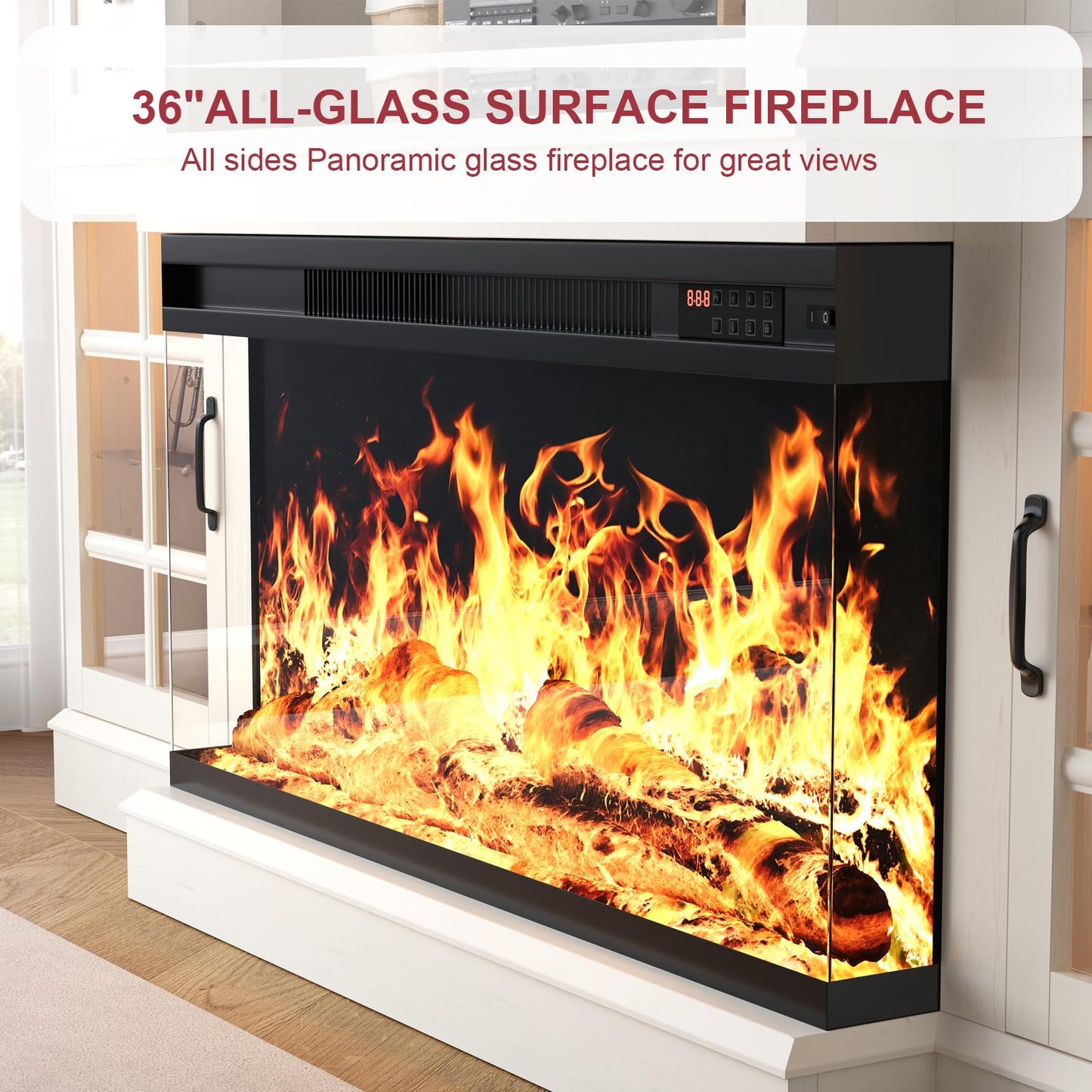 MXV 70" Fireplace TV Stand, 3-Sided Glass Fireplace and Modern Entertainment Center, Wooden Media Console with Glass Doors & Storage Drawers, LED Light, for Living Room, White