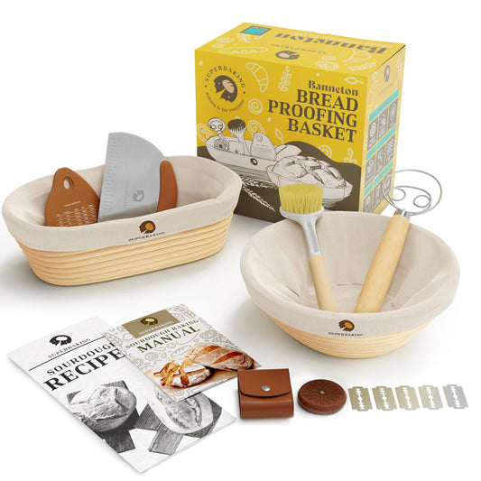 Superbaking Sourdough Proofing Basket Gift Set, Round 9" & Oval 10" Banneton, Sourdough Starter Kit, Sourdough Banneton Basket, Banneton Bread Proofing Basket Set of 2, Sourdough Bread Baking Supplies