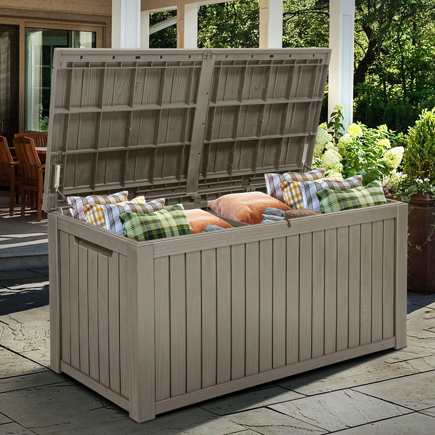 YITAHOME 220 Gallon XL Outdoor Storage Deck Box with Divider, Waterproof & Lockable, Ideal for Patio Furniture and Garden Tools, Resin-Built, Wood-Like Texture, Brown