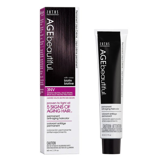 AGE beautiful Permanent Hair Dye 3NV Darkest Neutral Violet Brown - Cool Darkest Brown Hair Color Cream with 100% Gray Coverage, Anti-Aging Biotin Formula for Thicker, Fuller Hair, Salon Quality
