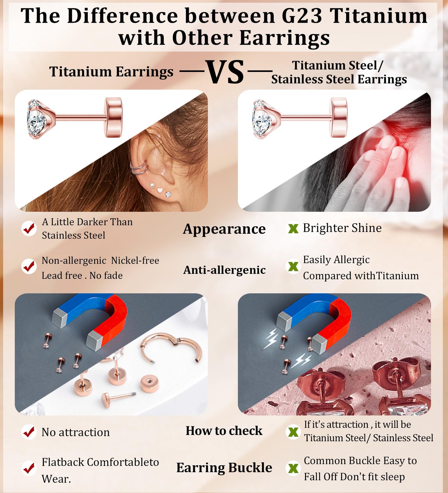 MJust Titanium Earrings for Sensitive Ears 20G Hypoallergenic Stud Hoop Earrings for Women Men Opal Ball CZ Heart Pearl Flat Back Earrings Cartilage Earrings Set