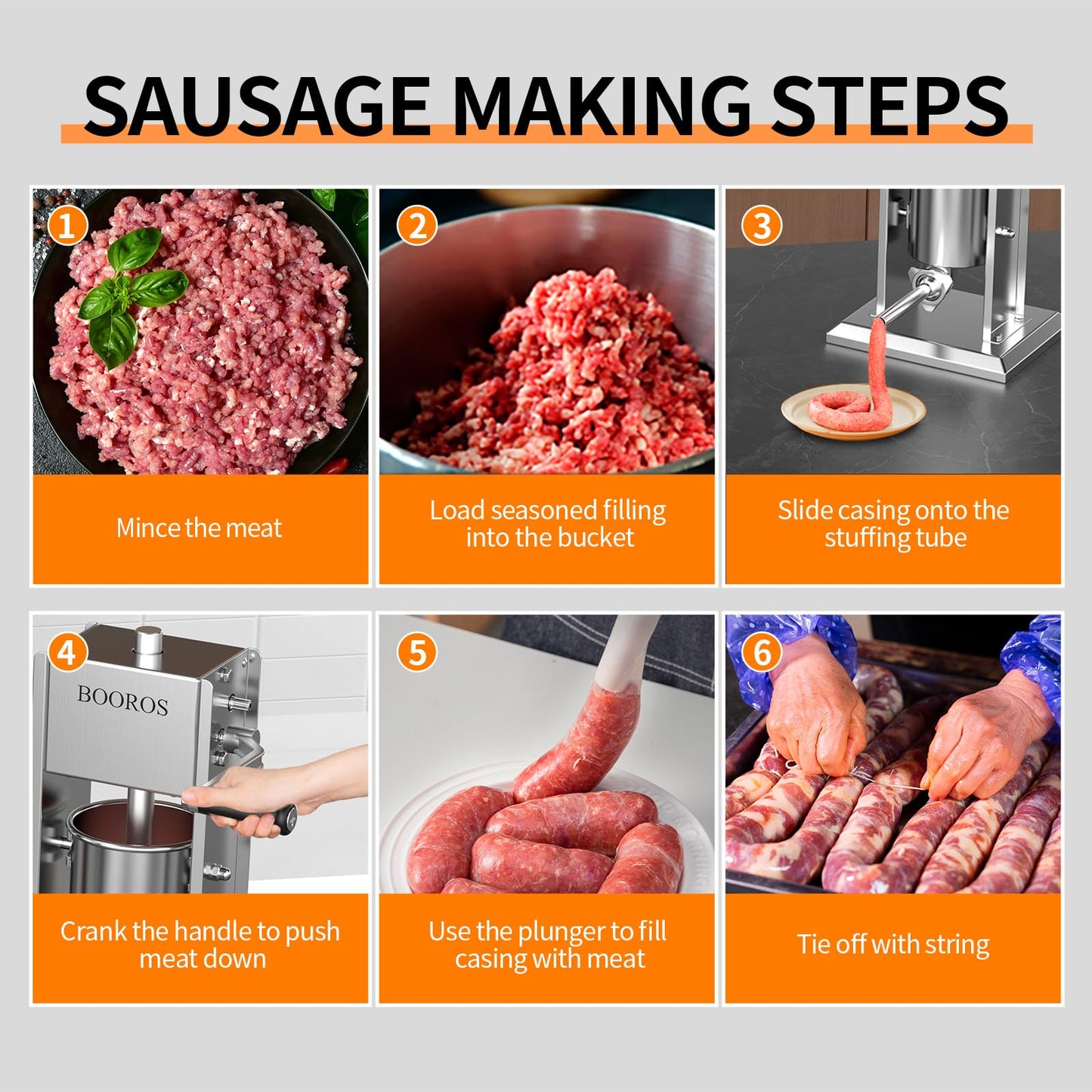 BOOROS Manual Sausage Stuffer 5L/11Lbs Vertical Meat Stuffer 304 Stainless Steel Sausage Maker,Dual Speed, Hand Crank Operation,Easy-clean,Comes Equipped with 4 Stuffing Tubes for Kitchen Restaurant