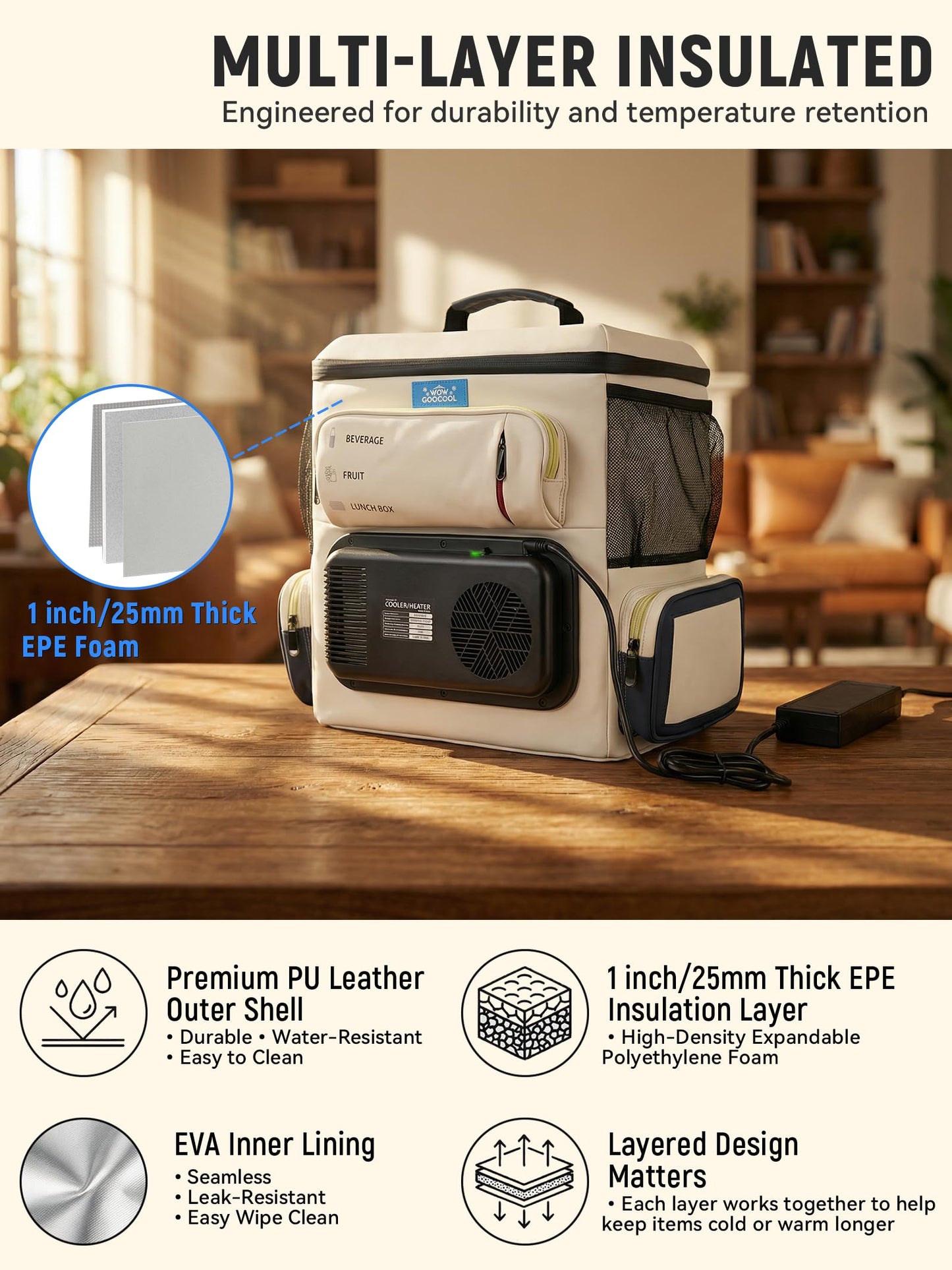 Portable Electric Cooler Bag 16Qt, Car Refrigerator & Heater with Active Cooling(32°F–140°F), Lightweight 5.5lbs Plug-in Cooler for Travel, Camping & Road Trips