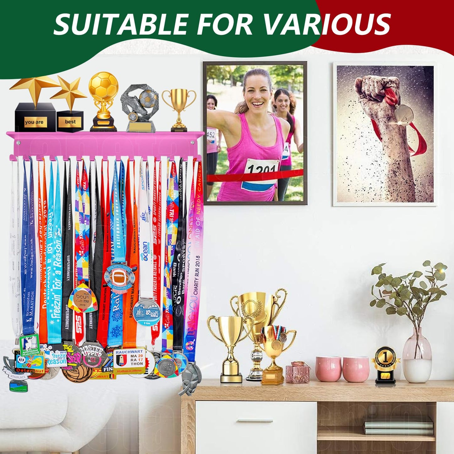 Lapetale Fashion Non-Slip Pink Trophy Shelf - 16 Inch Medal Hanger Display for Wall with Upgraded Shelves for Trophies, Gymnastics, Soccer, Swim